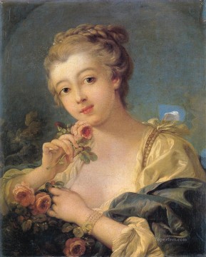  rose Oil Painting - Young Woman with a Bouquet of Roses Francois Boucher classic Rococo